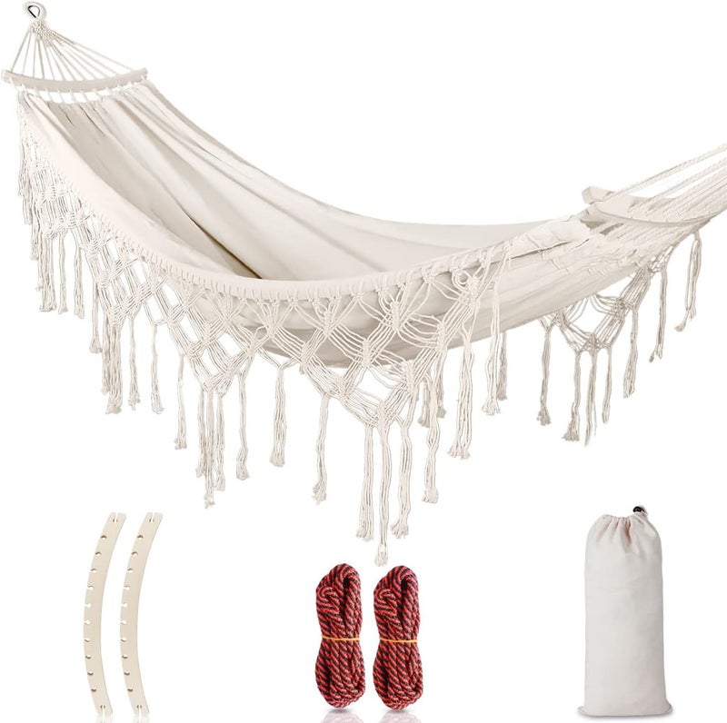 MOSFiATA Backyard Hammock with Tassels Max 500lbs Canvas Fabric Bohemian Style with Thickened Rope and Carry Bag for Outdoor, Garden, Patio, Wedding Decor (White) - Image 1